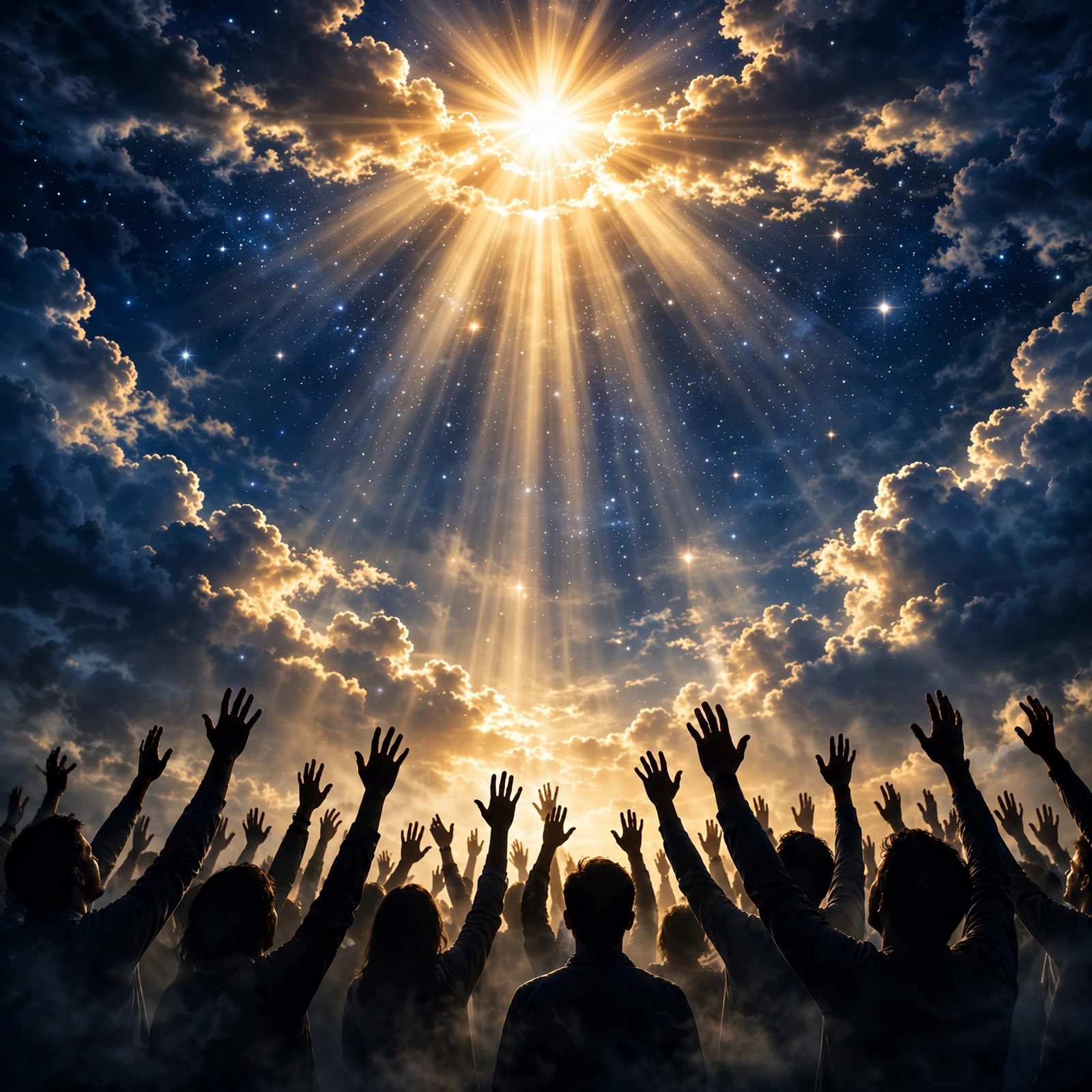 Worship album artwork — hands raised toward heaven