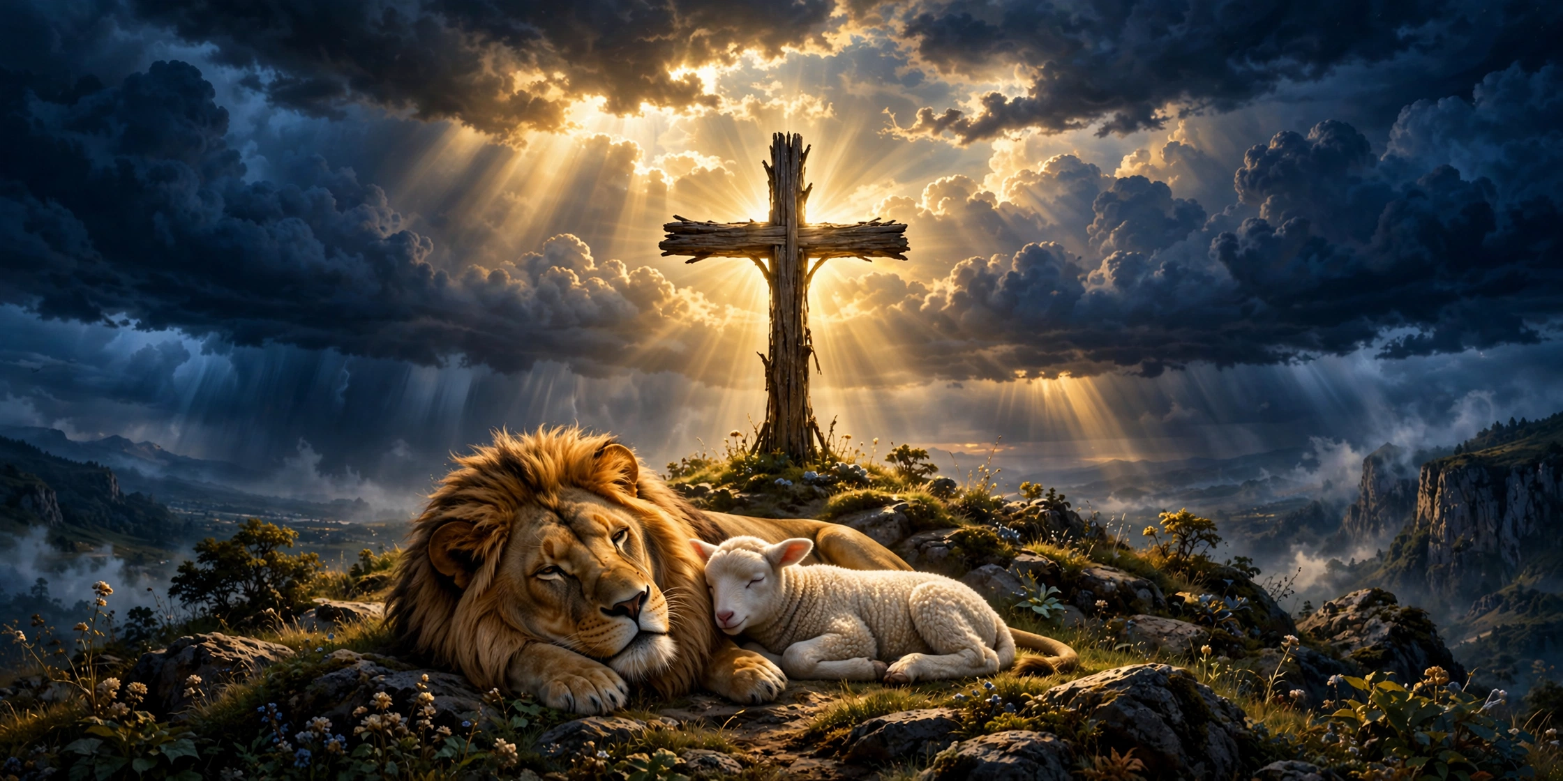 The lion and the lamb resting together before the wooden cross